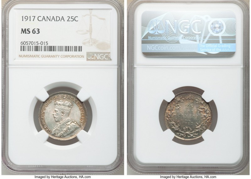 George V 25 Cents 1917 MS63 NGC, Ottawa mint, KM24. Decorated in a distinctive p...