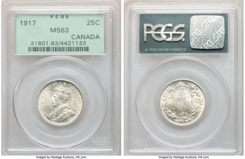George V 25 Cents 1917 MS63 PCGS, Ottawa mint, KM24. Choice, the fields glisteni...