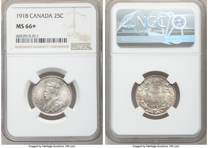 George V 25 Cents 1918 MS66+ NGC, Ottawa mint, KM24. Remarkably clean in appeara...