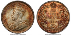 George V 25 Cents 1918 MS66 PCGS, Ottawa mint, KM24. Uniquely toned in an array of variegated autumnal reds over soft, satiny surfaces.

HID0980124201...