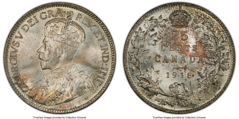 George V 25 Cents 1918 MS66 PCGS, Ottawa mint, KM24. A stunning gem replete with...