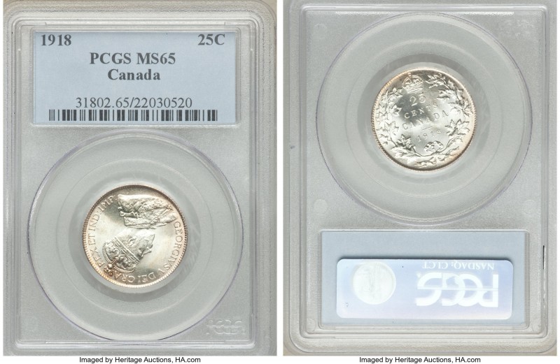 George V 25 Cents 1918 MS65 PCGS, Ottawa mint, KM24. Exhibiting an excellent str...