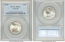 George V 25 Cents 1918 MS65 PCGS, Ottawa mint, KM24. Exhibiting an excellent strike and strong eye appeal. Graced with luminous cartwheel luster and p...