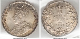 George V 25 Cents 1918 MS64 ICCS, Ottawa mint, KM24. At the very cusp of gem preservation, an impression of aesthetic balance resulting from a periphe...