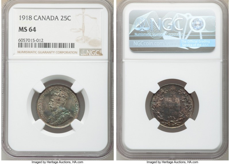 George V 25 Cents 1918 MS64 NGC, Ottawa mint, KM24. Visually enriched by an arra...