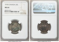 George V 25 Cents 1918 MS64 NGC, Ottawa mint, KM24. Visually enriched by an array of pastel tones, carrying striking shades of emerald green. Very lig...