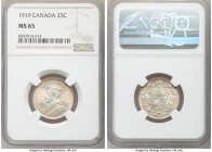 George V 25 Cents 1919 MS65 NGC, Ottawa mint, KM24. A gleaming gem displaying delicate, pale apricot tone and only the gentlest instances of handling ...