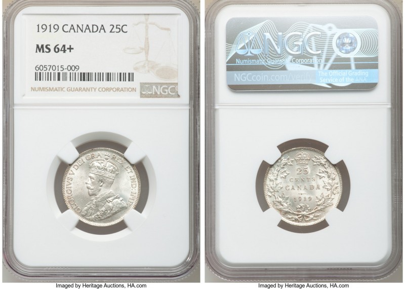 George V 25 Cents 1919 MS64+ NGC, Ottawa mint, KM24. A frosty selection whose co...