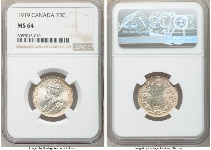 George V 25 Cents 1919 MS64 NGC, Ottawa mint, KM24. Fetchingly brilliant and dis...