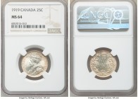 George V 25 Cents 1919 MS64 NGC, Ottawa mint, KM24. Fetchingly brilliant and displaying soft almond tone that lightens subtly as the eye moves toward ...