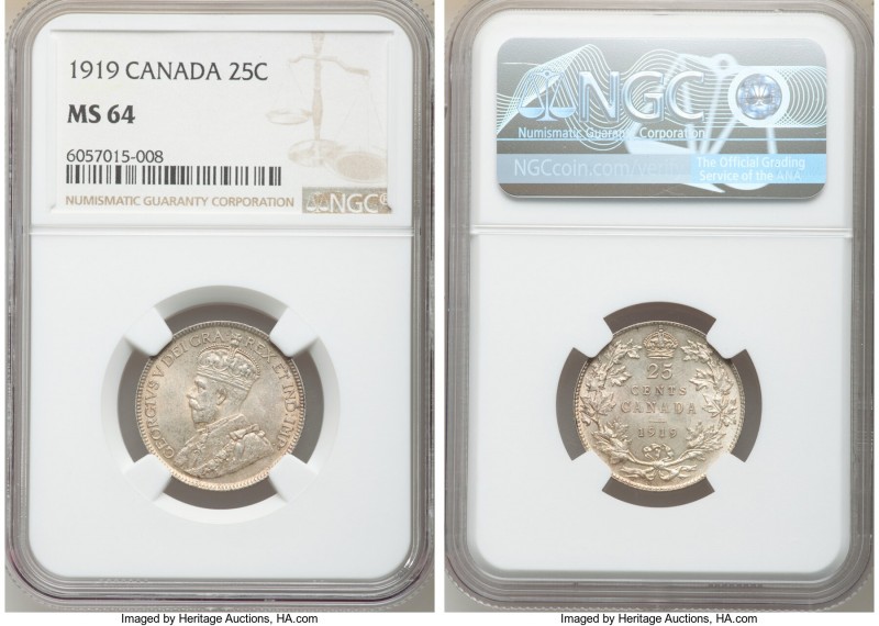 George V 25 Cents 1919 MS64 NGC, Ottawa mint, KM24. Dressed in a rich patina rev...