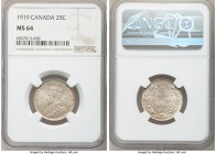 George V 25 Cents 1919 MS64 NGC, Ottawa mint, KM24. Dressed in a rich patina revealing a soft and persistent undercurrent of peachy gold. Previously c...