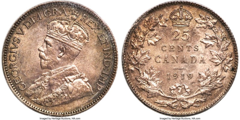 George V 25 Cents 1919 MS64 ICCS, Ottawa mint, KM24. Veiled in steel and graphit...