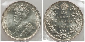 George V 25 Cents 1919 MS64 ICCS, Ottawa mint, KM24. A blazing near-gem specimen, almost blast white in color, save for a hint of ivory tone that lies...