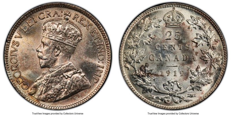 George V 25 Cents 1919 MS64 PCGS, Ottawa mint, KM24. Scintillatingly lustrous an...