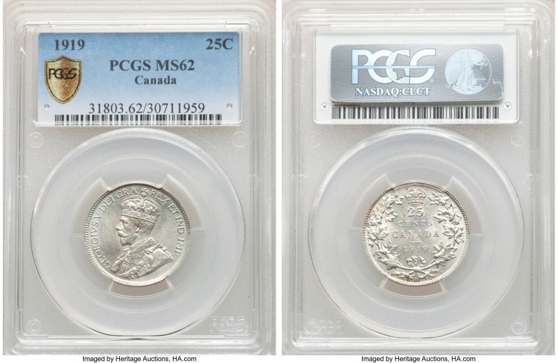 George V 25 Cents 1919 MS62 PCGS, Ottawa mint, KM24. Among the more appealing ex...