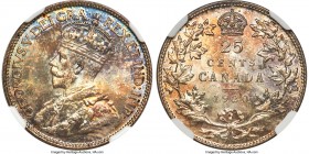 George V 25 Cents 1920 MS66 NGC, Ottawa mint, KM24a. A captivating gem displaying a wonderful interplay of sky-blue, lilac, and silvery color, punctua...
