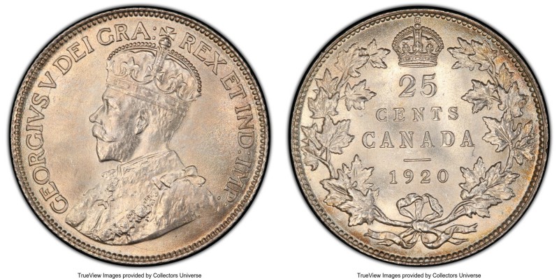 George V 25 Cents 1920 MS66 PCGS, Ottawa mint, KM24a. Remarkably well-preserved ...