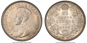 George V 25 Cents 1920 MS66 PCGS, Ottawa mint, KM24a. Remarkably well-preserved and carrying voluminous satiny luster that traverses the surfaces enti...