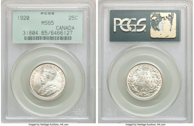 George V 25 Cents 1920 MS65 PCGS, Ottawa mint, KM24a. A blazing and silky gem th...