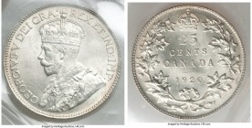 George V 25 Cents 1920 MS64 ICCS, Ottawa mint, KM24a. Amply and alluringly frosted, with only light contact serving to limit the grade designation.

H...