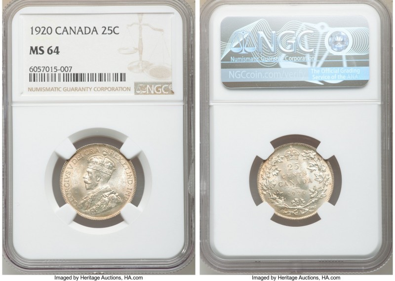 George V 25 Cents 1920 MS64 NGC, Ottawa mint, KM24a. A gleaming near-gem represe...