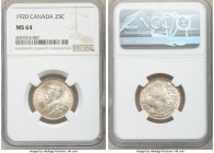 George V 25 Cents 1920 MS64 NGC, Ottawa mint, KM24a. A gleaming near-gem representative that displays scintillating, wholesome luster amidst a veil of...