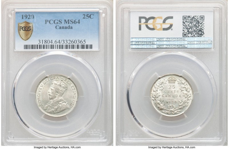 George V 25 Cents 1920 MS64 PCGS, Ottawa mint, KM24a. A balanced silvery patina ...