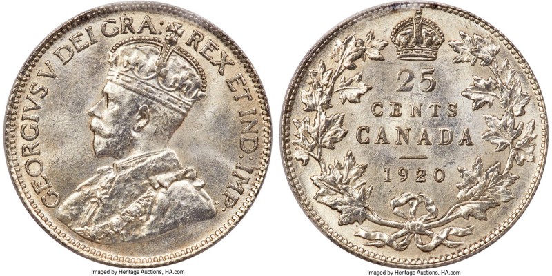 George V 25 Cents 1920 MS64 ICCS, Ottawa mint, KM24a. Expressing wheeling argent...