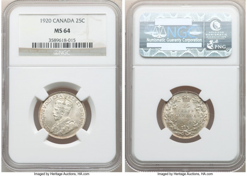 George V 25 Cents 1920 MS64 NGC, Ottawa mint, KM24a. A softly toned representati...