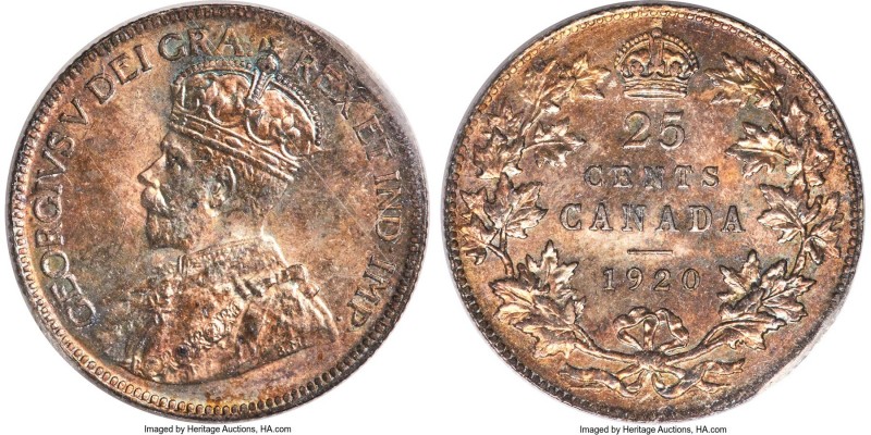 George V 25 Cents 1920 MS64 ICCS, Ottawa mint, KM24a. Patinated in earthen tone ...