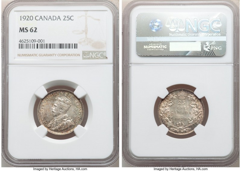 George V 25 Cents 1920 MS62 NGC, Ottawa mint, KM24a. Speckled in bright gold and...