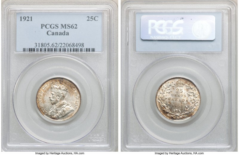 George V 25 Cents 1921 MS62 PCGS, Ottawa mint, KM24a. A more difficult date in t...