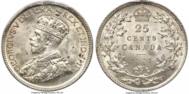 George V 25 Cents 1927 MS65 ICCS, Ottawa mint, KM24a. A frosty gem example of th...