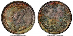 George V 25 Cents 1927 MS65 PCGS, Ottawa mint, KM24a. Singularly toned, the surfaces draped in an evenly laid patina that blends olive, sea-green, and...