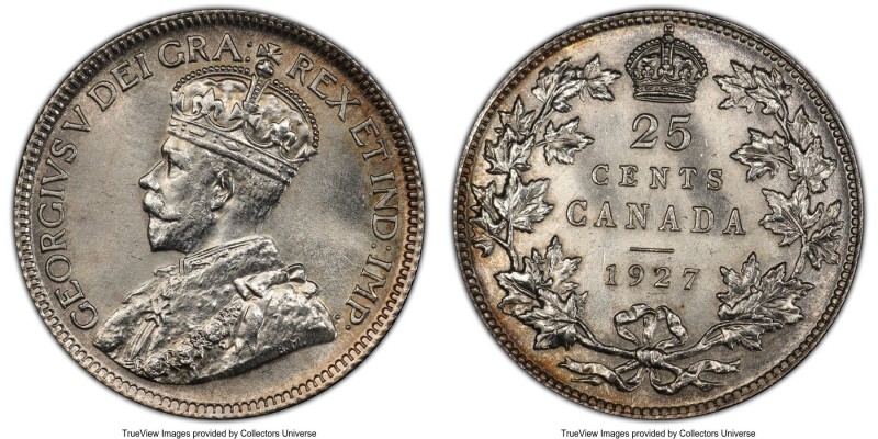 George V 25 Cents 1927 MS65 PCGS, Ottawa mint, KM24a. A true gem exhibiting hard...