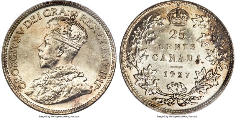 George V 25 Cents 1927 MS64 ICCS, Ottawa mint, KM24a. Fully struck, yielding sha...