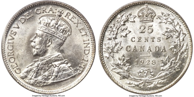 George V 25 Cents 1928 MS65 ICCS, Ottawa mint, KM24a. An ice-white gem displayin...