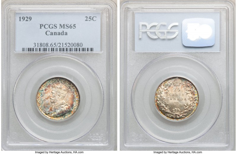 George V 25 Cents 1929 MS65 PCGS, Ottawa mint, KM24a. A total gem that exhibits ...