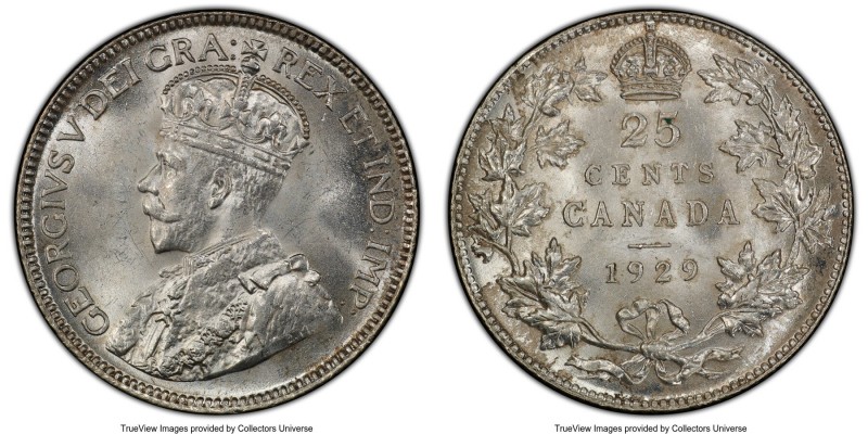 George V 25 Cents 1929 MS64 PCGS, Ottawa mint, KM24a. A lovely near-gem specimen...