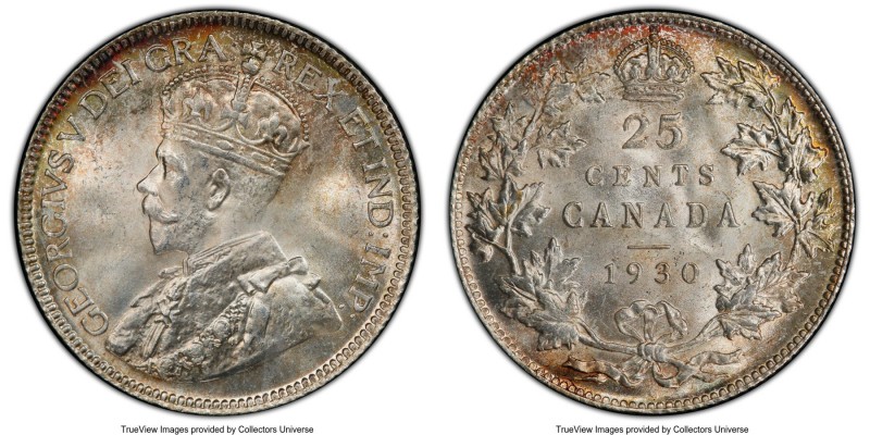 George V 25 Cents 1930 MS65 PCGS, Ottawa mint, KM24a. Rolling brilliance sweeps ...