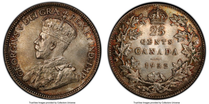 George V 25 Cents 1932 MS65 PCGS, Royal Canadian mint, KM24a. Sheathed in a deli...