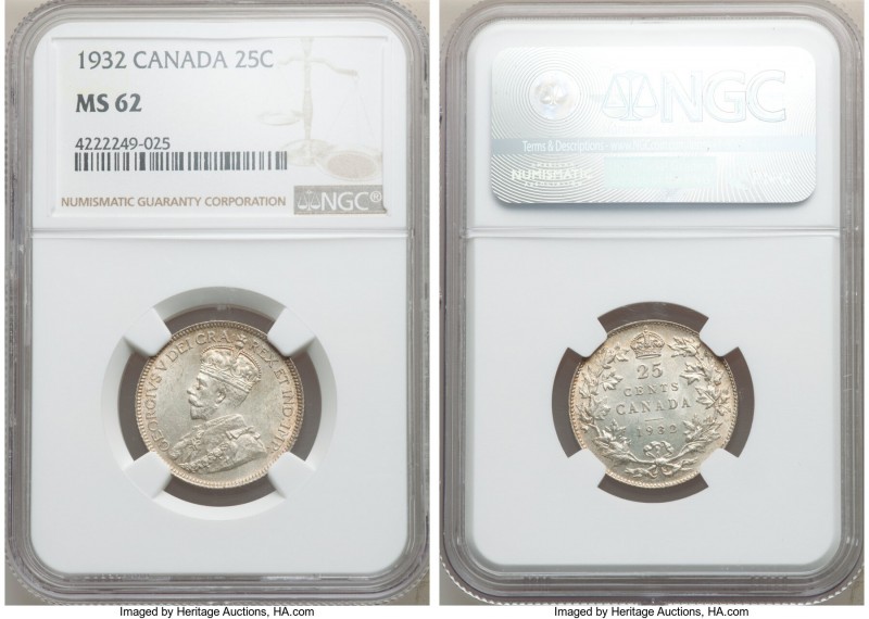 George V 25 Cents 1932 MS62 NGC, Royal Canadian mint, KM24a. Mint State and lust...