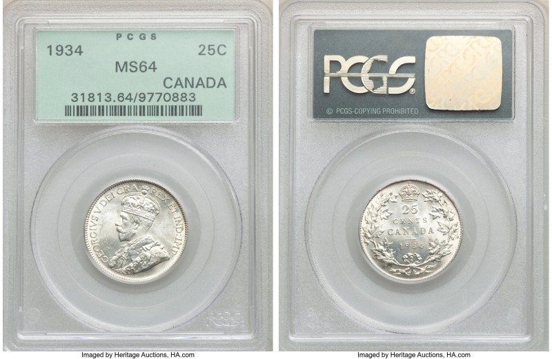 George V 25 Cents 1934 MS64 PCGS, Royal Canadian mint, KM24a. Sparkling luster e...