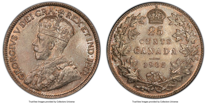 George V 25 Cents 1935 MS65+ PCGS, Royal Canadian mint, KM24a. Blessed with a mi...