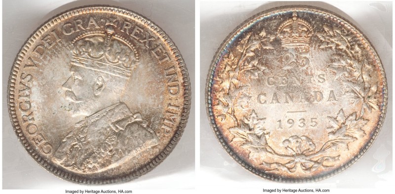 George V 25 Cents 1935 MS64 ICCS, Royal Canadian mint, KM24a. Essentially gem in...