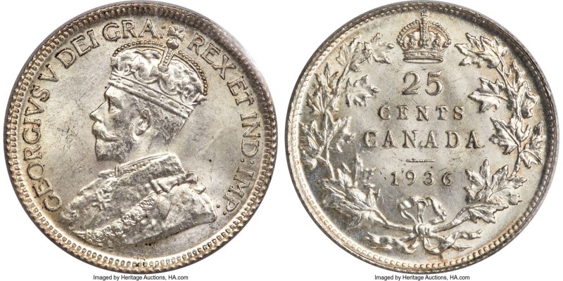 George V 25 Cents 1936 MS65 ICCS, Royal Canadian mint, KM24a. Benefitting from a...