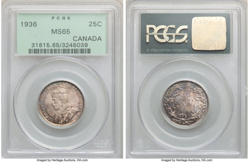 George V 25 Cents 1936 MS65 PCGS, Royal Canadian mint, KM24a. A gleaming jewel r...