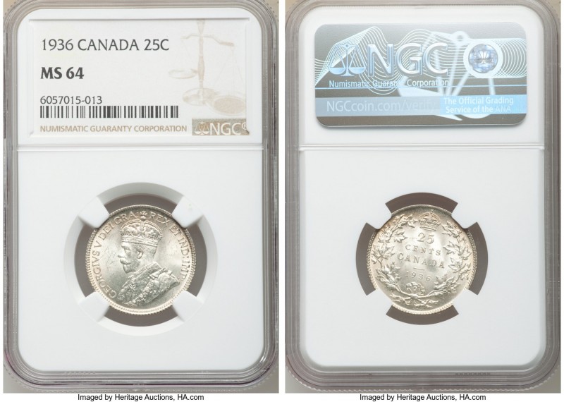 George V "Bar" 25 Cents 1936 MS64 NGC, Royal Canadian mint, KM24a. Die break ("b...