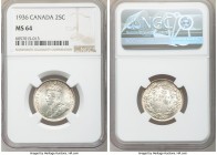 George V "Bar" 25 Cents 1936 MS64 NGC, Royal Canadian mint, KM24a. Die break ("bar") connecting the ribbon ties on the reverse. Graced with ample free...